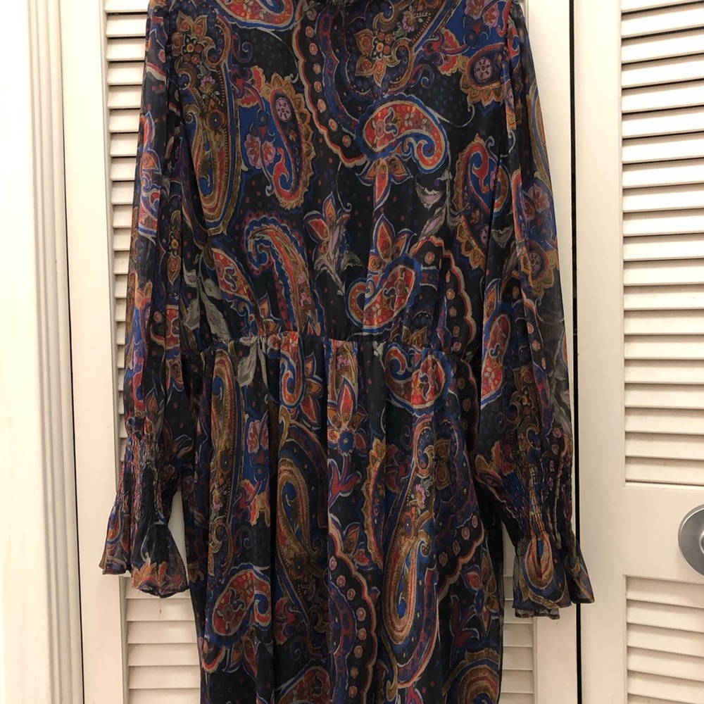 Zara Blue Tie Front A-line Dress with Long Bishop Sleeves
